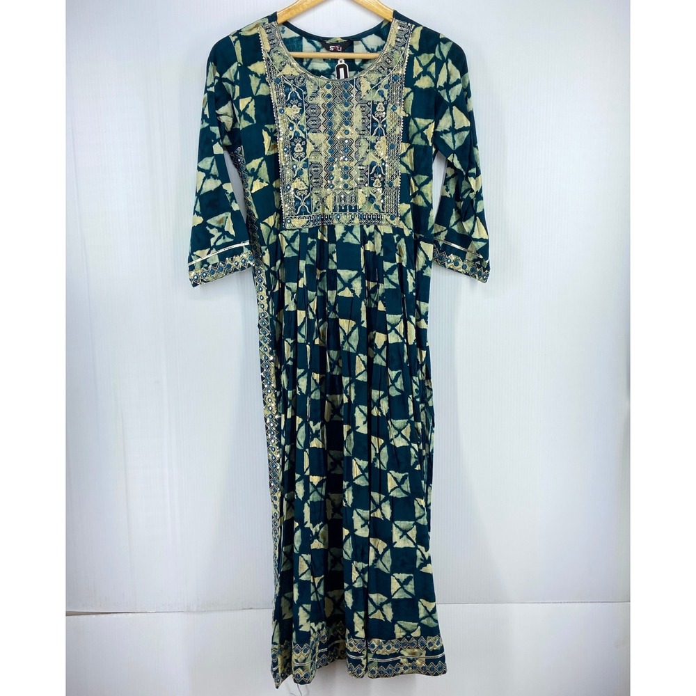 S4U Pri Collection Dark Teal Embroidered Batik‎ Kurti Kurta Womens Large NWT